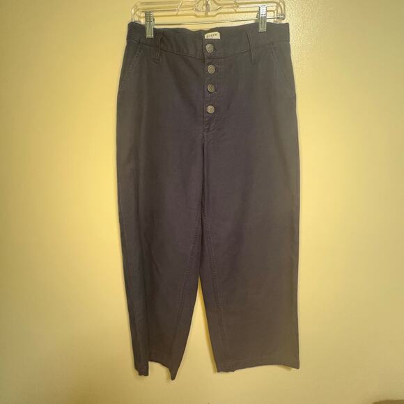 J Crew Factory Navy Wide Leg Button Front Pant Slub Cotton Cropped Trouser SZ 27 - Picture 1 of 12
